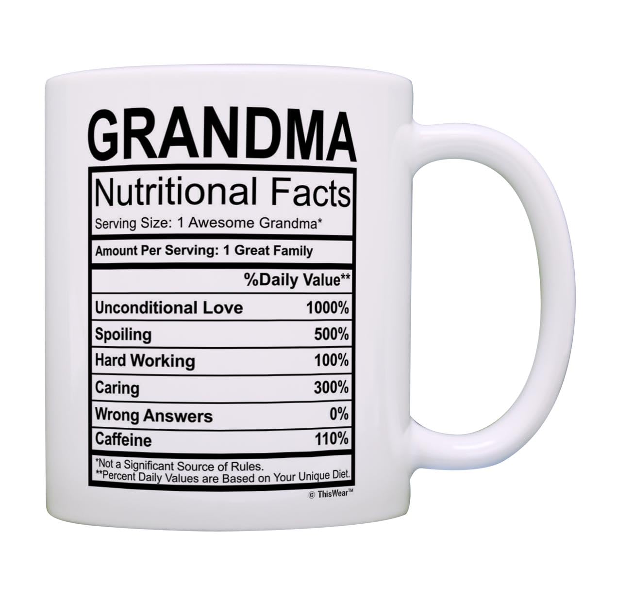 ThisWear Mothers Day Gifts for Grandma Nutritional Facts Label Funny Gifts for Grandma Gag Gift 11oz Ceramic Coffee Mug with Handle