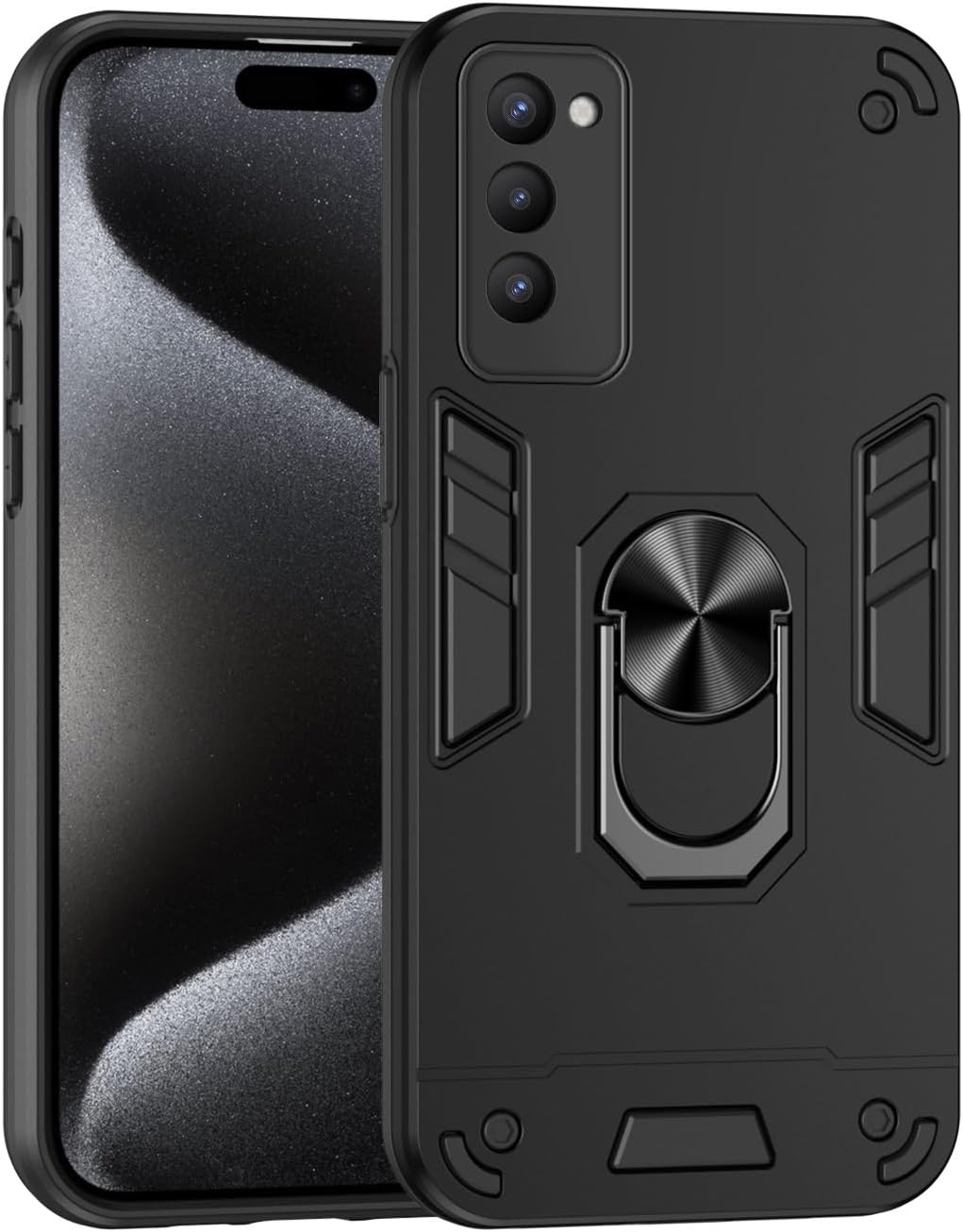 for Tecno Camon 18P スマホケース キックスタンド&耐衝撃ミリタリーグレード 落下防止 保護 頑丈な保護カバー PC マットテクスチャ 頑丈なバンパーケース(ブラック)