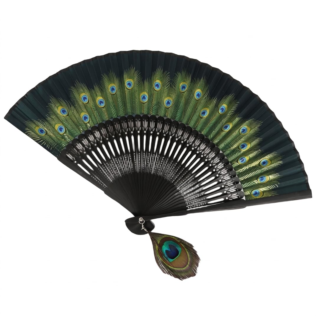 Bemonew Chinese Peacock Silk Hand Fan, Compact, Vivid