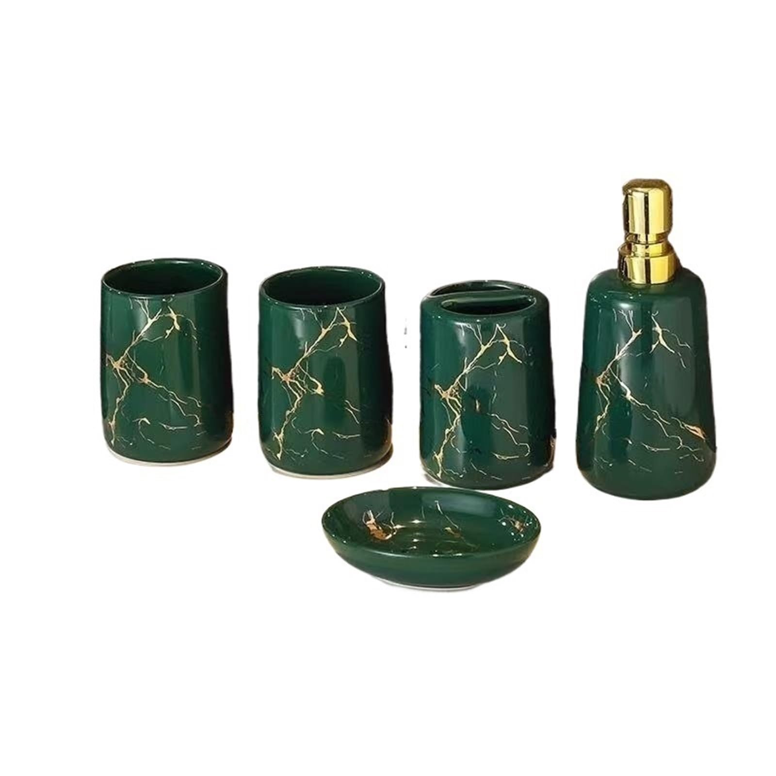 Juego de baño de cerámica moderna, accesorios Juego de cerámica marmolada de 5 piezas, dispensador de jabón, vaso, porta cepillos de dientes, jabonera, buen regalo for un nuevo hogar Color; verde
