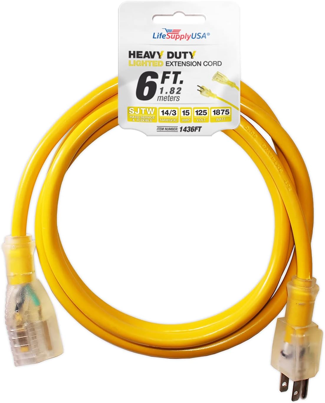 200 ft Extension Cord 14/3 SJTW with Lighted end - Yellow - Indoor / Outdoor Heavy Duty Extra Durability 13 AMP 125 Volts 1625 Watts by LifeSupplyUSA - - 