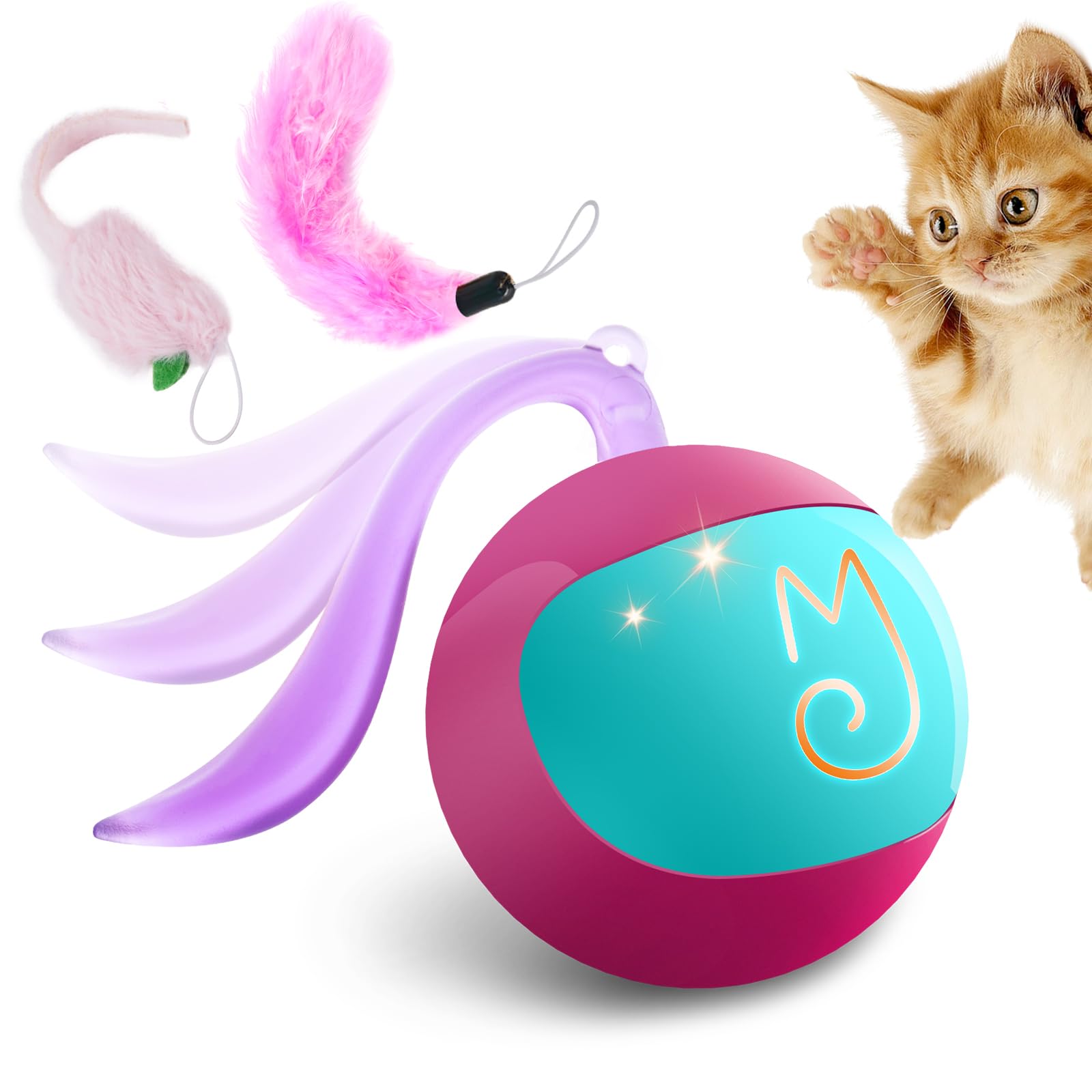 Migipaws Giocattolo a sfera interattivo per gatto, inseguitore divertente, palla rotolante automatica con coda di pipistrello, un piccolo mouse, ricaricabile (rosa)