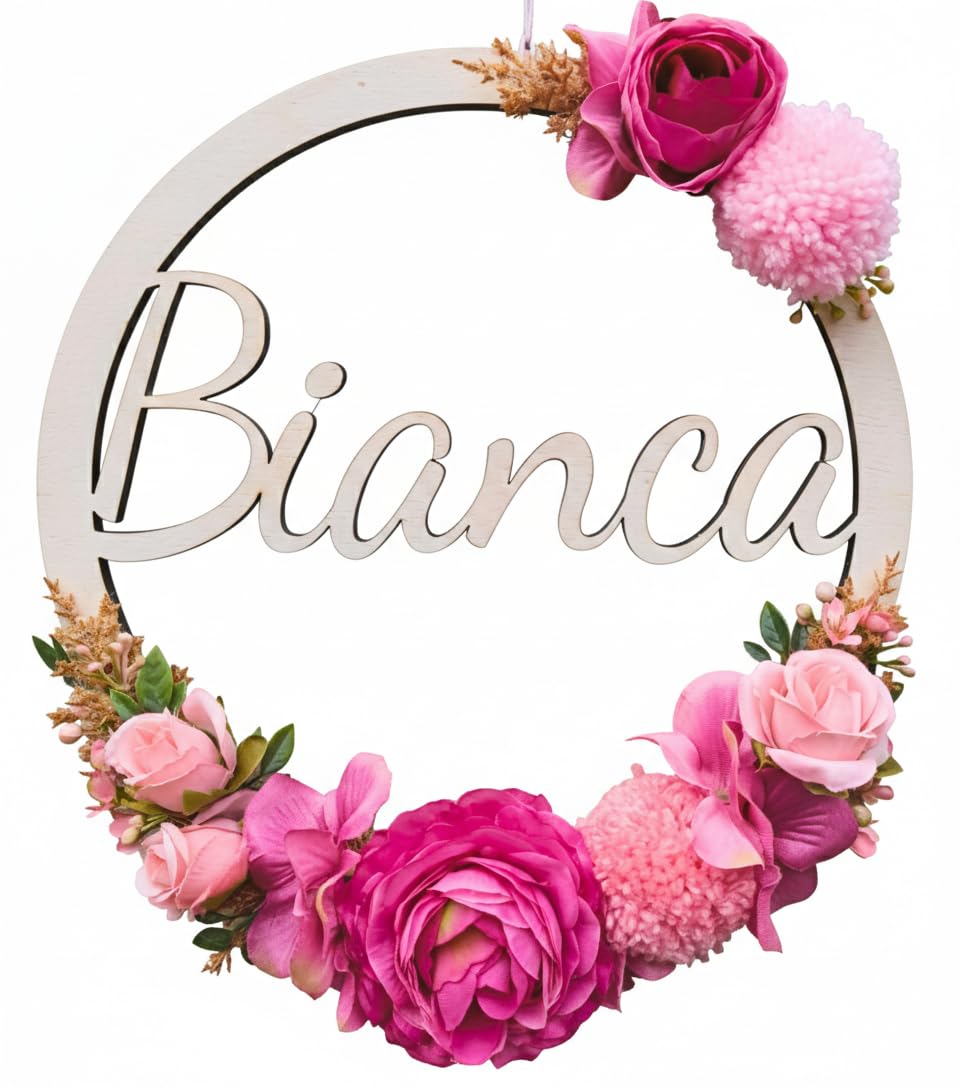 Fiocco Nascita Bimba, Idea Regalo Personalizzato Nascita Bimbo, Decorazione in Legno Artigianale con Fiori per cameretta, Regalo neonata Battesimo, fuoriporta e Regalo Nascita, Ghirlanda Comunione