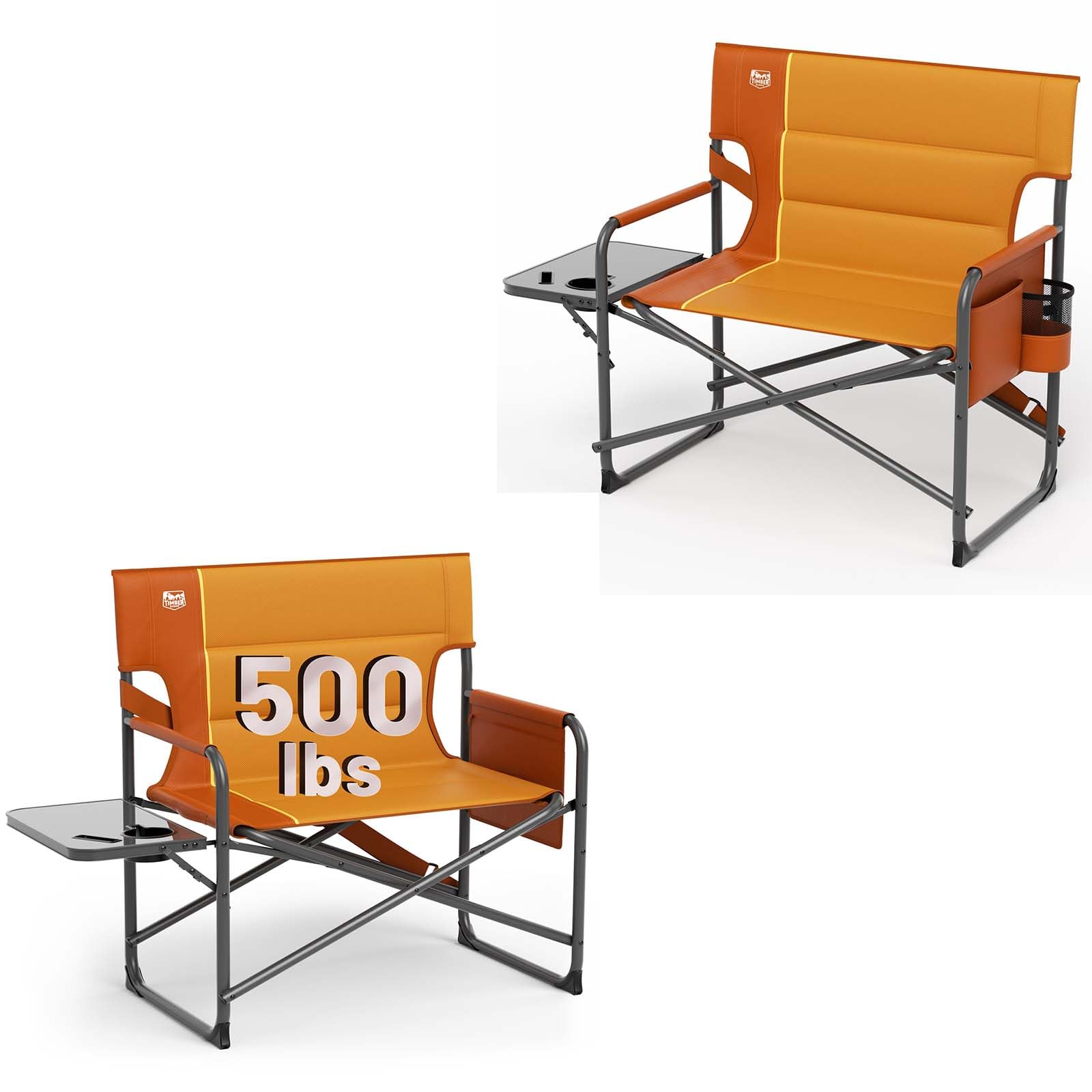 TIMBER RIDGE XXL Director’s Chair – Heavy Duty Folding Chair with Side Table, 500 lb Capacity, Extra Wide Padded Seat for Camping, Sports, Beach, Patio, and Outdoor Use, Orange-2 Pack