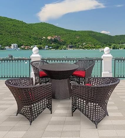PRIME PIGEON D-43 Chairs Table Set 4+1 Wicker Patio Furniture Sets 4 Chair and 1 Table for Garden Balcony Bedroom(Coffee+Red)