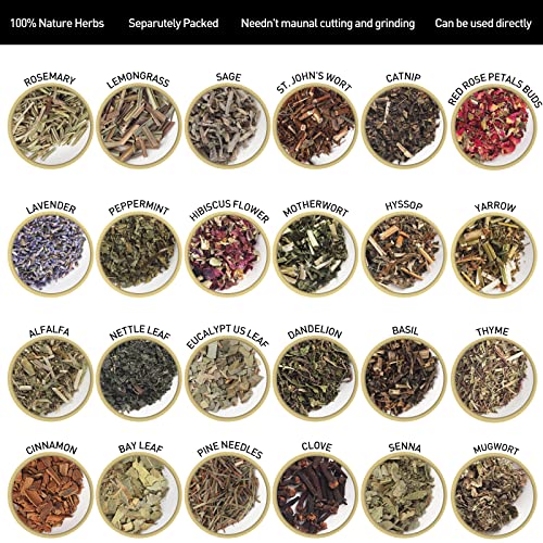 Witchcraft Supplies Herbs and Flowers Kit - 24 Pieces of Natural Dried Herbs Set with Crystals Spoon - Witchy Beginners Experienced Dried Herbs Box for Spells Rituals Room Altar Decor