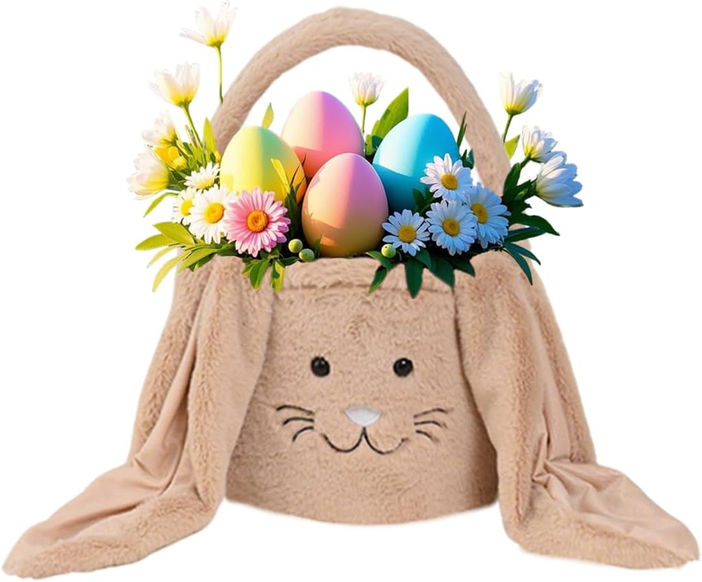 Easter Bunny Baskets,Easter Egg Hunting Basket Decorations,Cute Easter Bucket Bags with Rabbit Ears,Bunny Rabbit Easter Tote Bags for Easter Decorations Candy Gift Toy Storage (brown4)