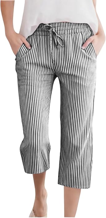 wodceeke Girls Capri Casual Pants Summer Cotton Linen High Elastic Waisted Straight Leg Stripes Sweatpants