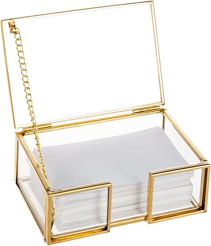 Miniatura 7 de Feyarl Caja de tarjetas de presentación de vidrio dorado transparente con tapa, organizador de tarjetas de nombre, contenedor de almacenamiento para