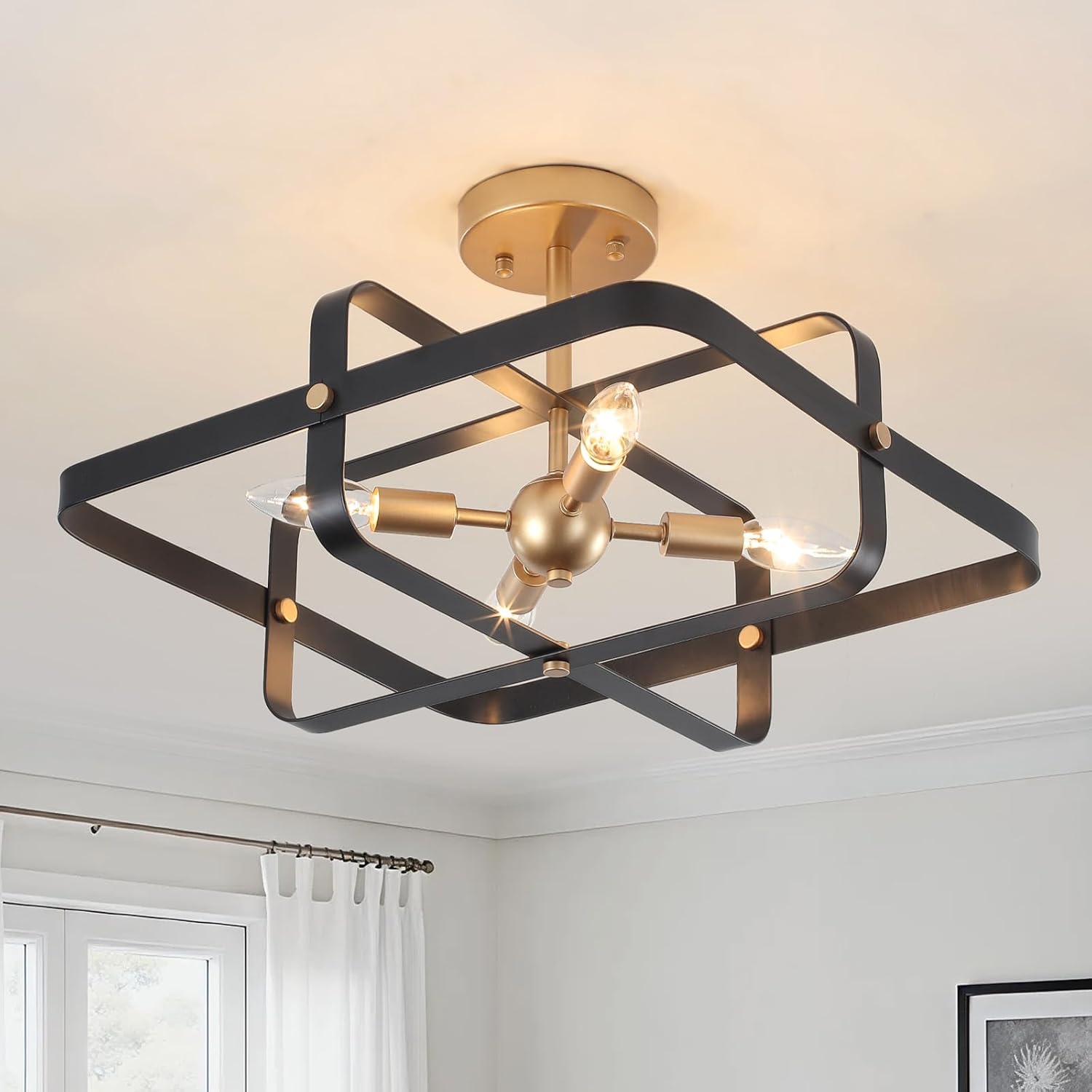 Semi Flush Mount Ceiling Light Black Gold Ceiling Light Fixture - 4 Lights Black Gold Metal Frame Small Modern Close to Ceiling Light Geometric Light for Kitchen Bedroom Living Entryway Foyer