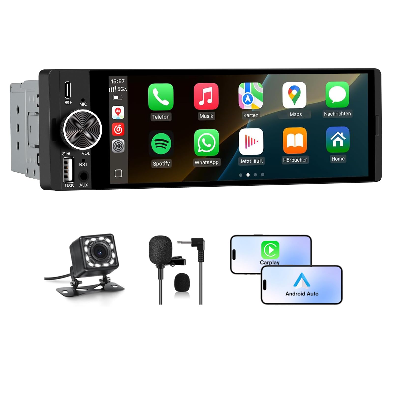 Autoradio Bluetooth 1 DIN con Schermo | CarPlay & Android Auto Wireless FM USB Tipo-C Comandi al Volante