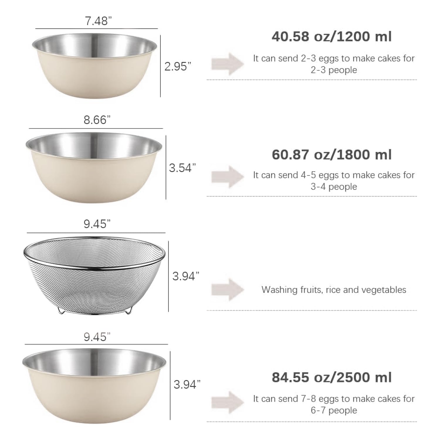 Juego de cuencos y colador de acero inoxidable para mezclar con escala, cuenco de ensalada con colador, cesta de malla fina, juego de cuencos para hornear, cuenco de cocina para decoración de