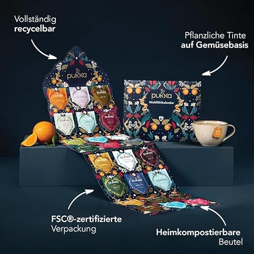 Pukka Tee Geschenkset, Tee Adventskalender Bio, Wohlfühlkalender 2024, Umweltfreundlich, Keine Schokolade, Milchfrei, Tee Set, Geschenkidee, 23 Varianten, 24 Teebeutel