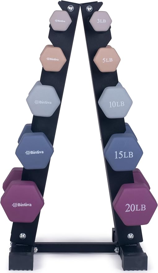 Dumbbell Set with Rack - Neoprene Coated Weights - Hex Color Coded Dumbell Pairs 1-20 LBs