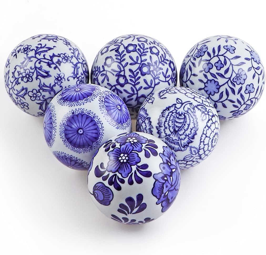 Lejoy Decorative Porcelain Balls, 3.2" Centerpiece Balls Set, Floating Ceramic Orbs Spheres for Bowl, Vase, Basket, Dish, Fish Tank, Home Decor, Pack of 6 (Blue and White)