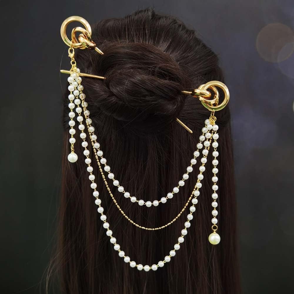 Pearl Tassel Hair Stick Chinese Style Hairpin Double Chain Hair Fork Retro Hair Accessories Two Hair Sticks Hanfu Hair Ornaments(G) : Beauty & Personal Care