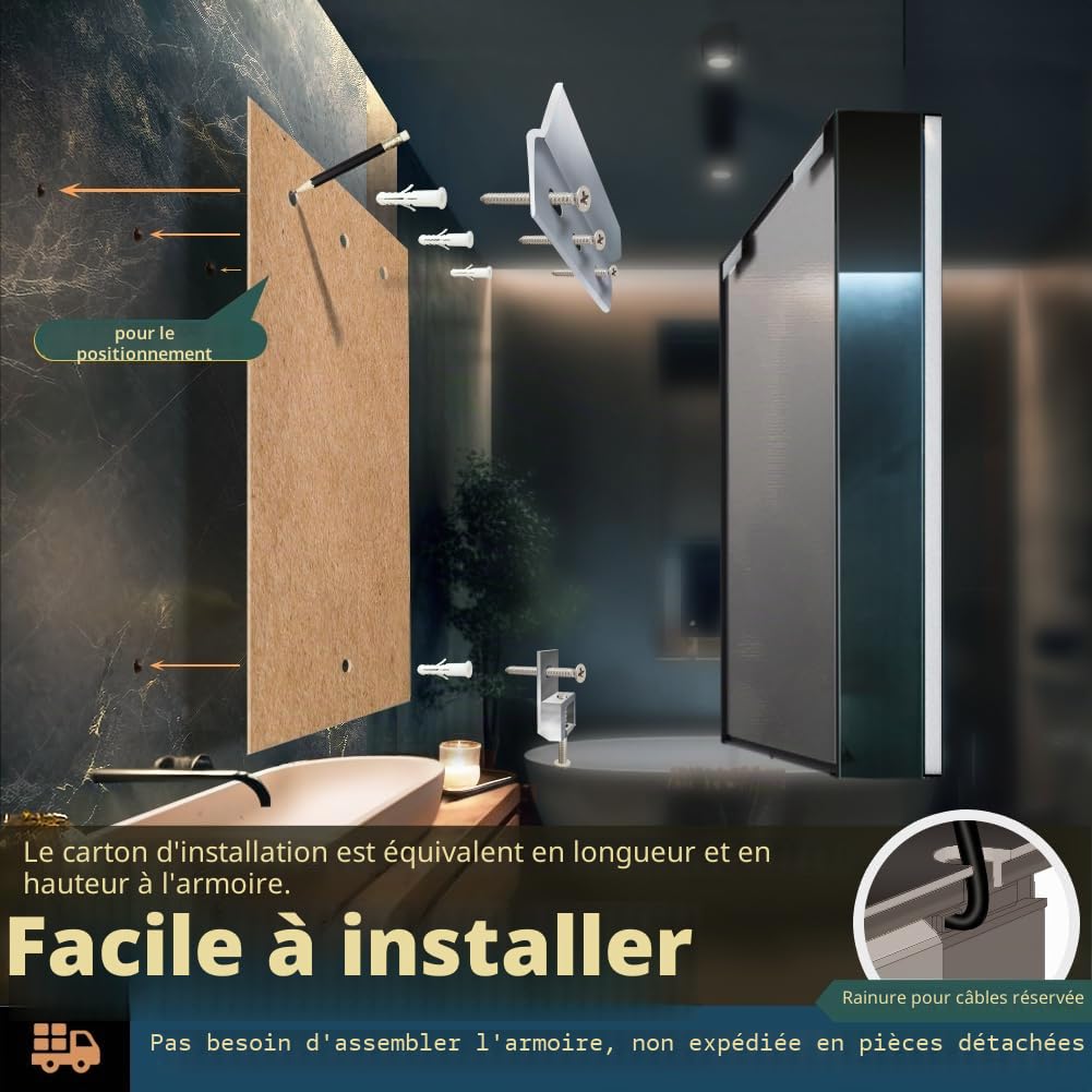 KWW LED éclairage Salle de Bains Armoire à Pharmacie avec Miroir, Température de Couleur réGlable, Anti - Buée Gradateur, Prise et USB, Armoire à Pharmacie Miroir Mural (Charnière gauche-55×70)
