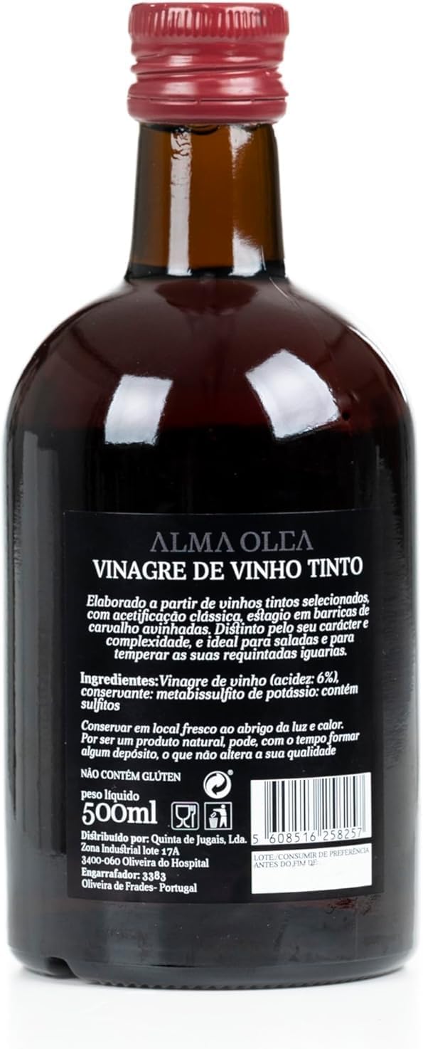 Vinagre de Vino Tinto - Pack de 3 Frascos de 500 ml - Condimento Sabroso y Versátil - Adecuado para Aliñar Ensaladas - Envejecido en Barricas de Roble - Producto Gourmet de Origen Portugués