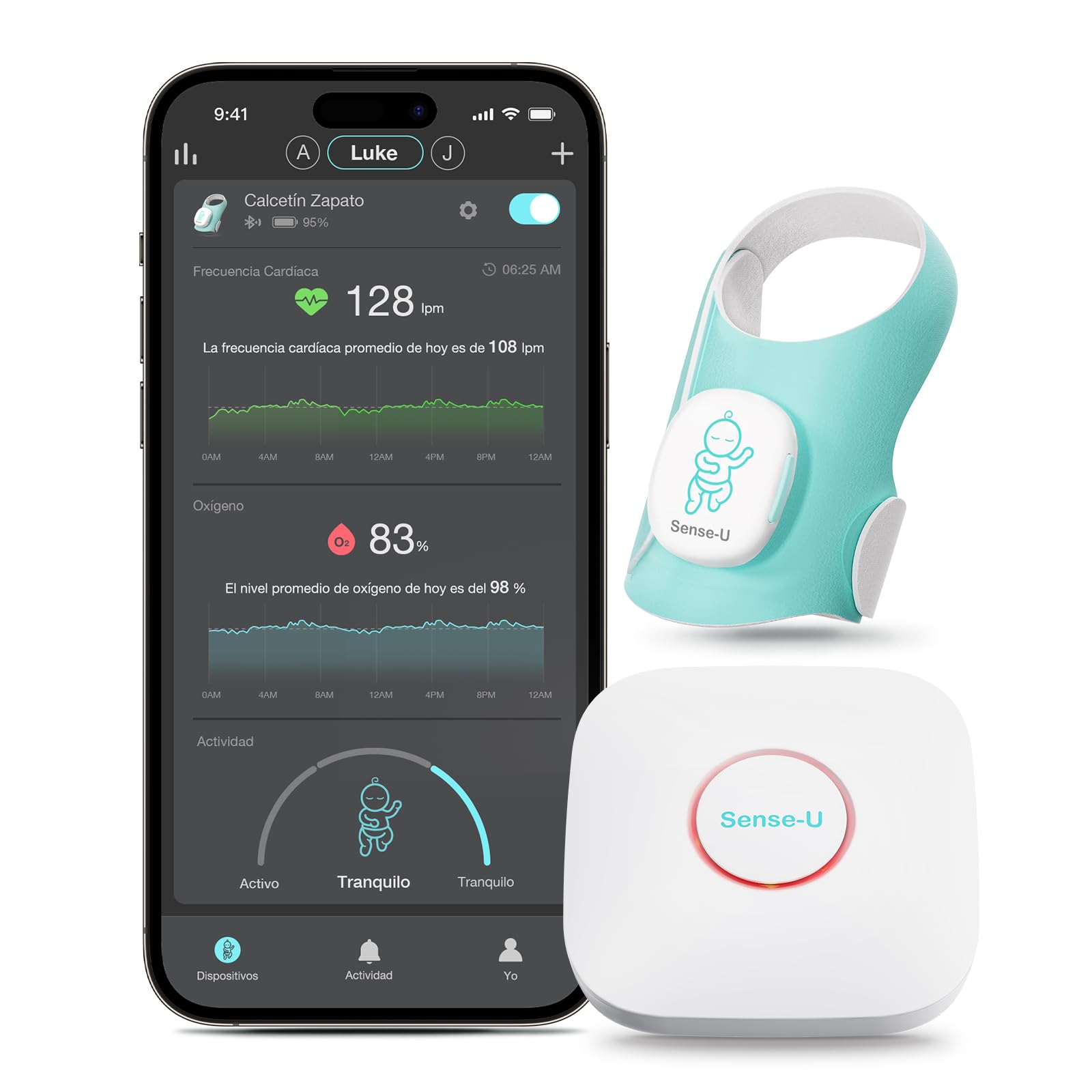 Sense-U Calcetín Inteligente (de Largo Alcance) Monitor para Bebés con Indicador de Sueño y Notificaciones en el Dispositivo, Rastrea Frecuencia Cardíaca, Oxígeno y Movimiento Desde Cualquier Lugar