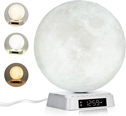 Reloj despertador de amanecer, lámpara de luna, terapia de luz, luz de estado de ánimo, luz de despertador, sin UV, 3 colores, ajustable, con ruido