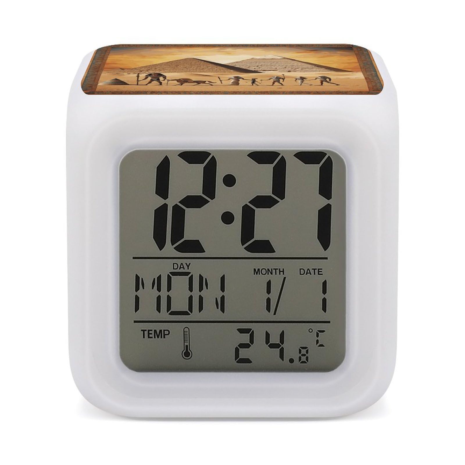 VstaDank Ancient Egypt Alarm Clock with 7 Color Changing Night Light Date Temp Display Wake Clocks LED Display Digital Clock Electric Desk Clocks for Living Office Bedroom Decor