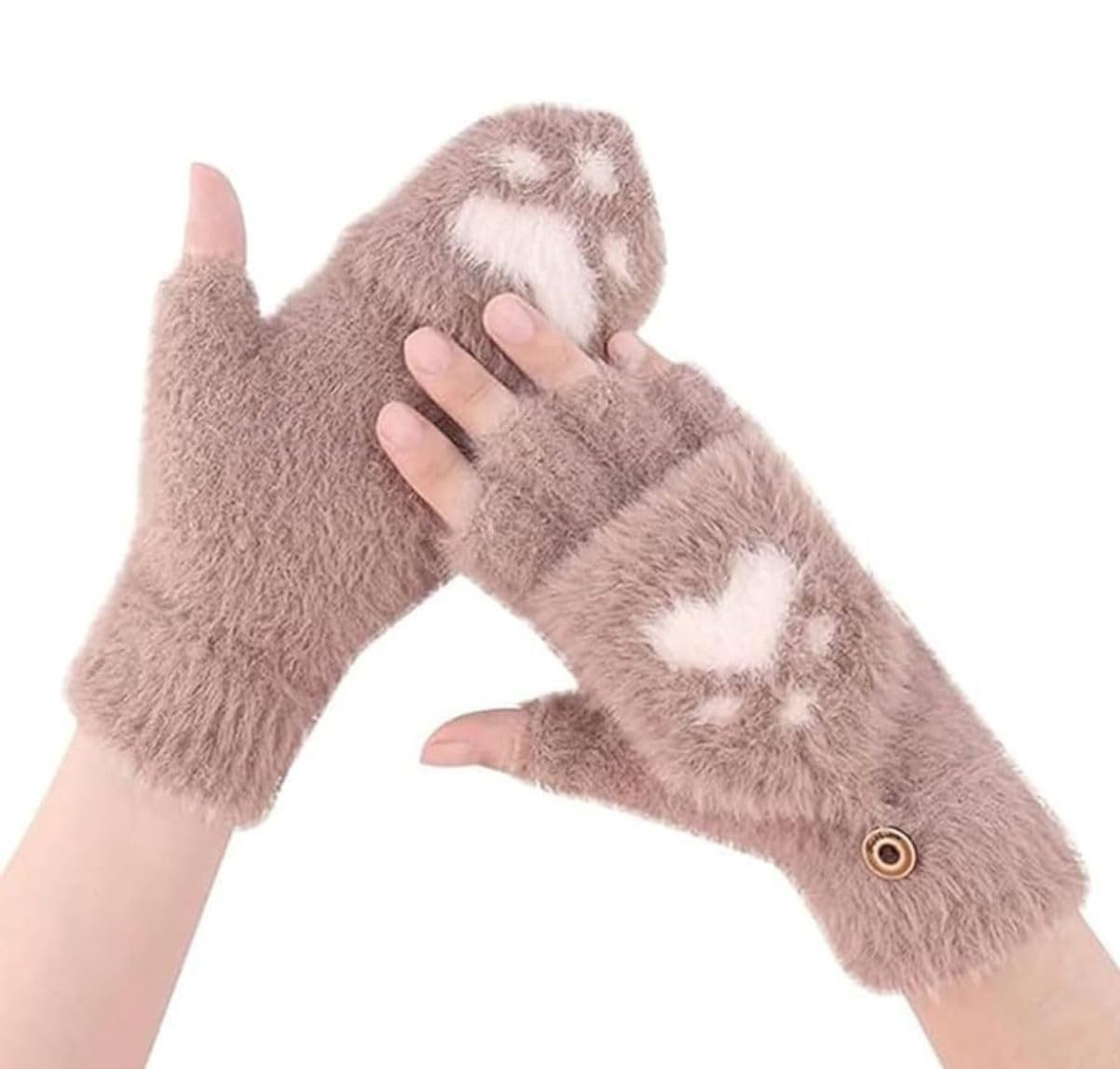 capznmore Cute Paw Fuzzy Warm Wool Convertible Fingerless Gloves cum Mittens Winter Wrist Arm Warmer Mitts Gloves for Girls & Women-picture-26