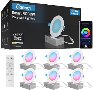 Ligency 6-Pack 4 Inch Smart Recessed Lighting, 9W 810LM Ultra-Thin Canless LED Downlight, RGBW Color Changing Wi-Fi Ceiling Light with Junction Box, Alexa/Google App Control - No Housing Required