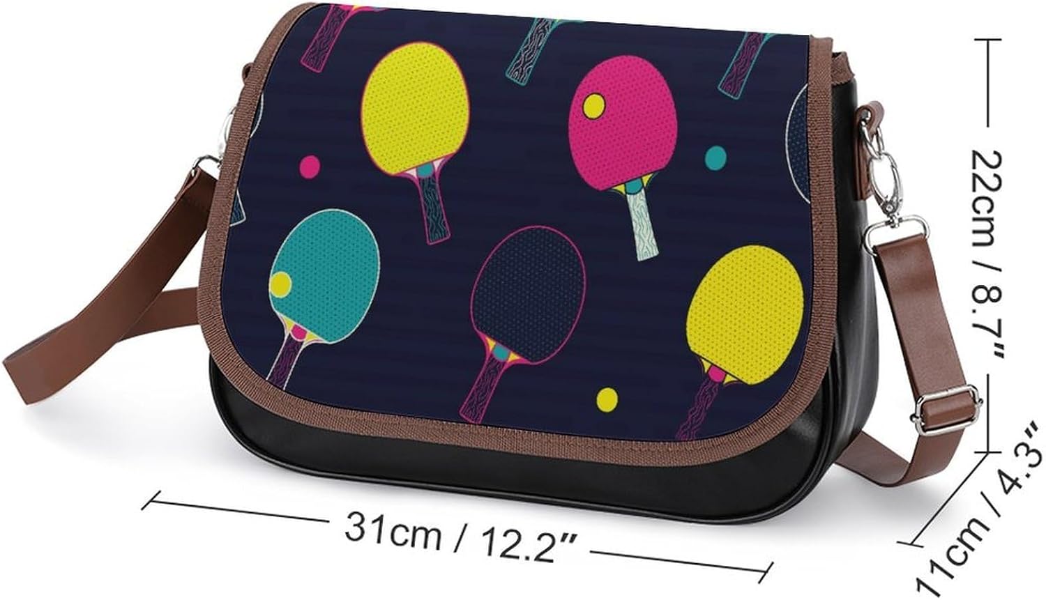 Colorful Ping Pong Balls And PaddlesWomen's Faux Leather Crossbody Bag, Waterproof Wrinkle-Resistant Shoulder Bag with Detachable Strap, Large Capacity Casual Handbag, Fashion Daily Purse for Shopping