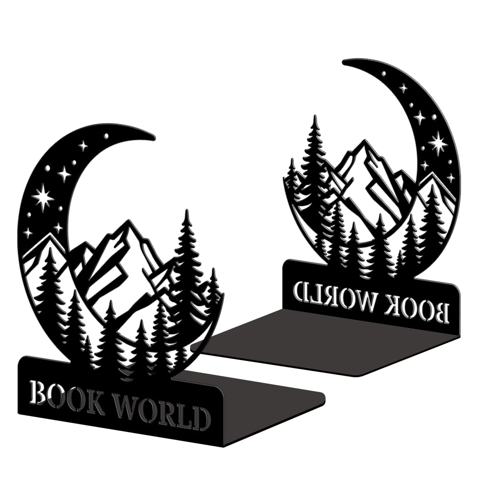 Serre livre metal noir Peacoblue décor de montagne lune pour étagère de bureau