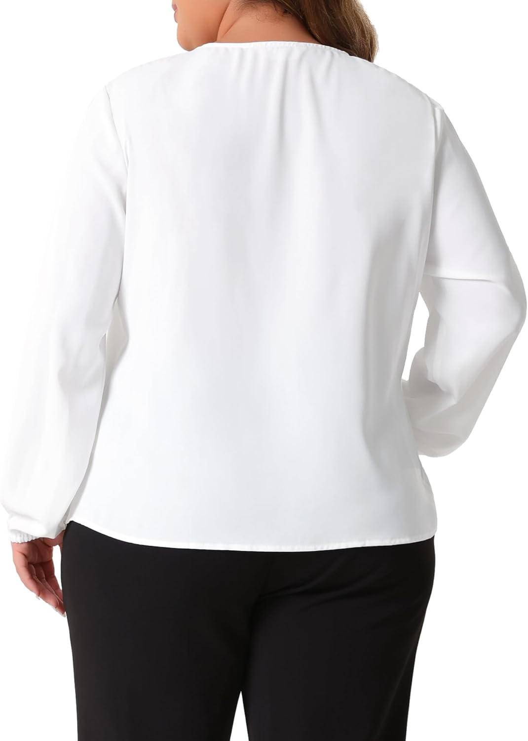 Agnes Orinda Plus Size Tops for Women Crew Neck Pleated Curved Keyhole Long Sleeve Chiffon Work Blouses - Image 4