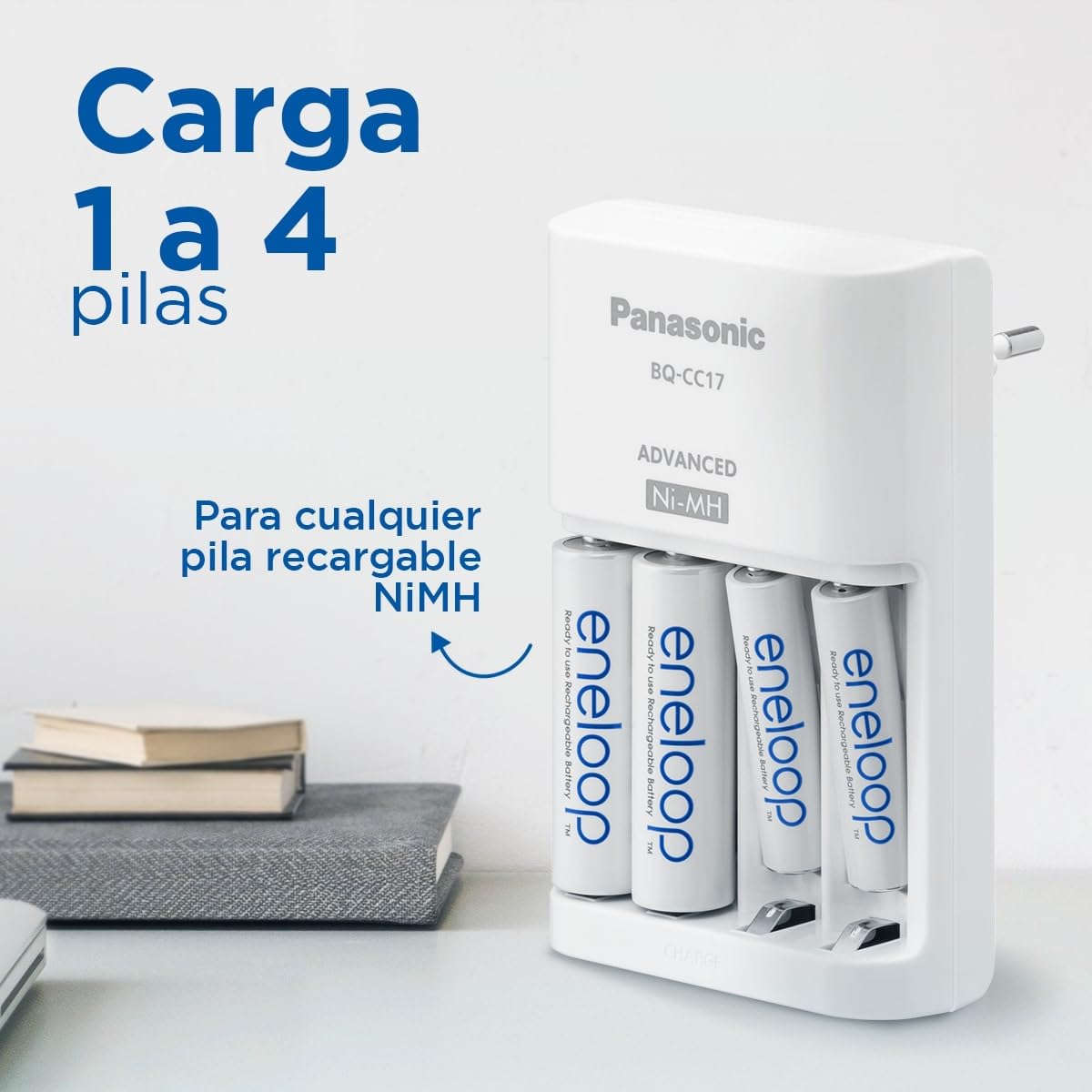 eneloop Smart. Cargador para 1 a 4 pilas AA/AAA Ni-MH con 4 pilas eneloop AA/Mignon de capacidad mejorada y 7 funciones de seguridad.