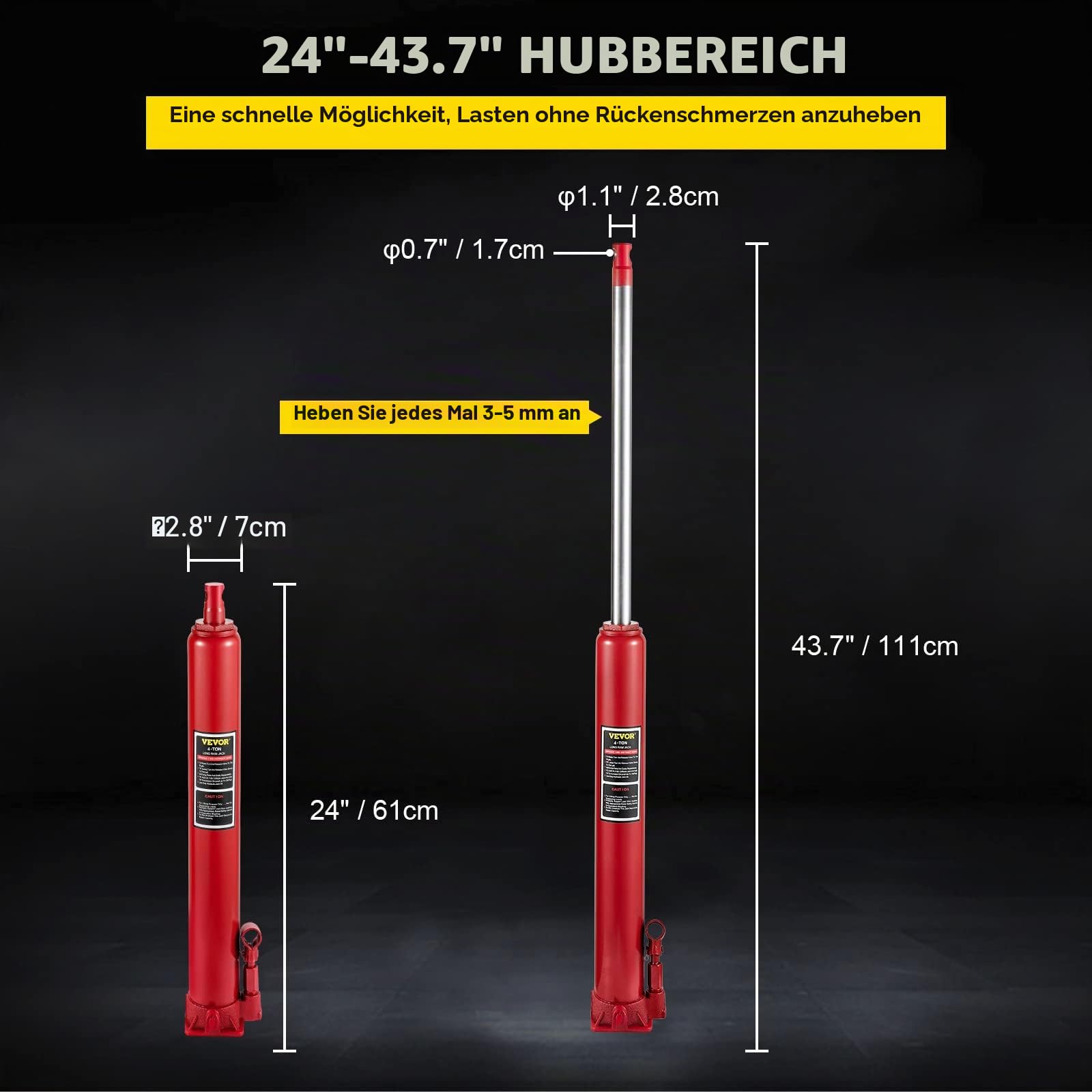 VEVOR Hydraulischer langer Rammheber, 4 Tonnen/8818 lbs Tragfähigkeit, mit Einzelkolbenpumpe und flacher Basis, manueller Hubarbeitsbühnenheber mit Griff, für Garagen-/Ladenkräne, Motorhebevorrichtung