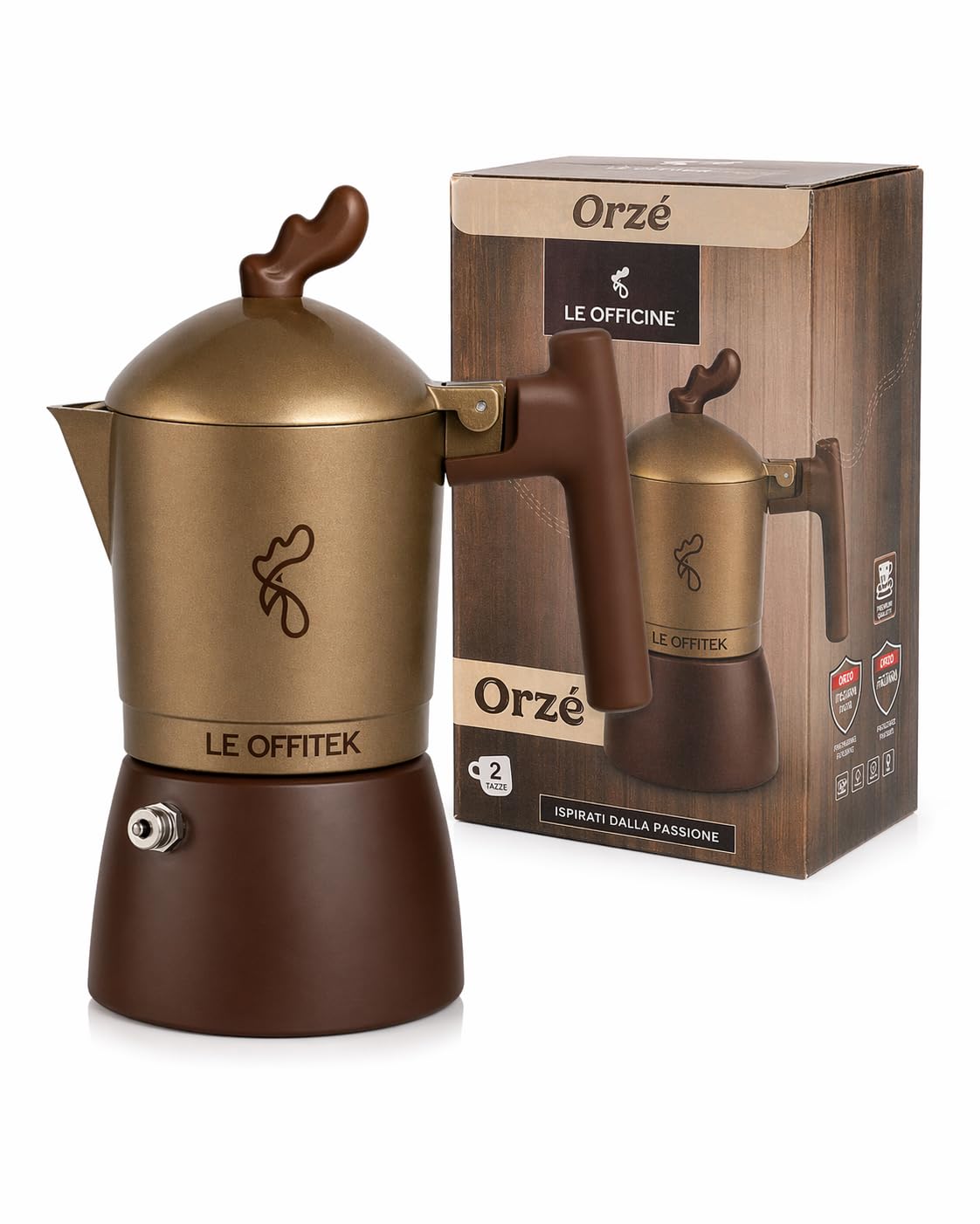 Orziera ORZE' 2 TZ, Alluminio, Alta qualità, Manico ergonomico, Valvola Anticalcare, Piastrina Filtro Acciaio Stirato