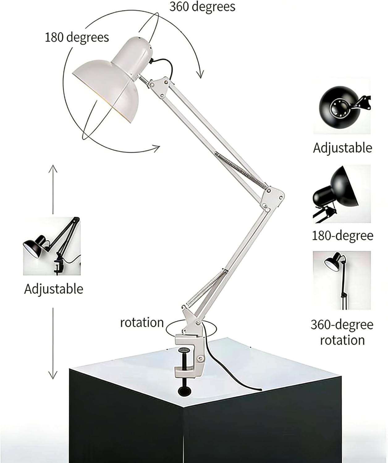 Estink Adjustable Long Arm Metal Reading Lamp, Eye Clip Desk Light for Study, Long Arm Lamp, Embroidery, Repair Work, Fast Heat Dissipation, Flexible Adjustment (White)