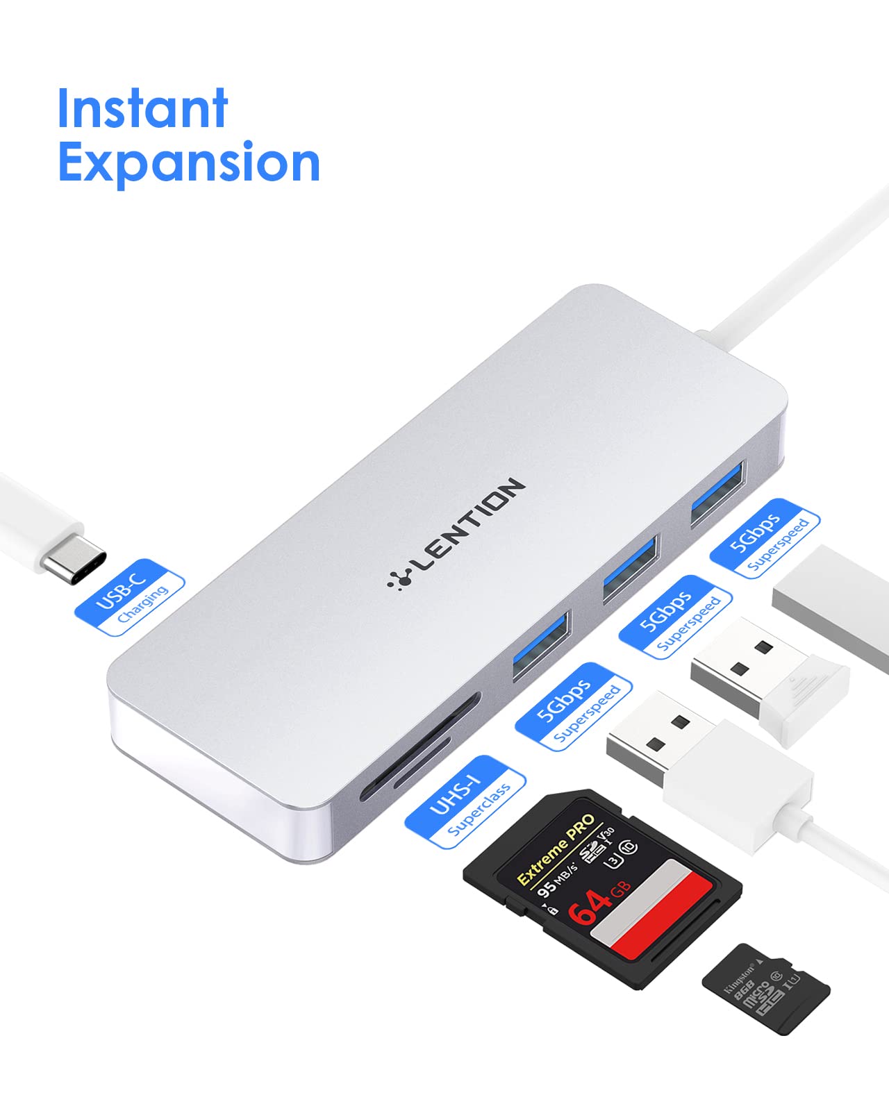 LENTION 6-in-1 Hub USB C HDMI 4K, 3 USB 3.0, Lettore di Schede SD/Micro SD, Adattatore per 2025-2016 MacBook Pro M1/M2/M3/M4/M5, Nuovo Mac Air, iPhone 17 Plus Pro Max, Surface Pro (C34