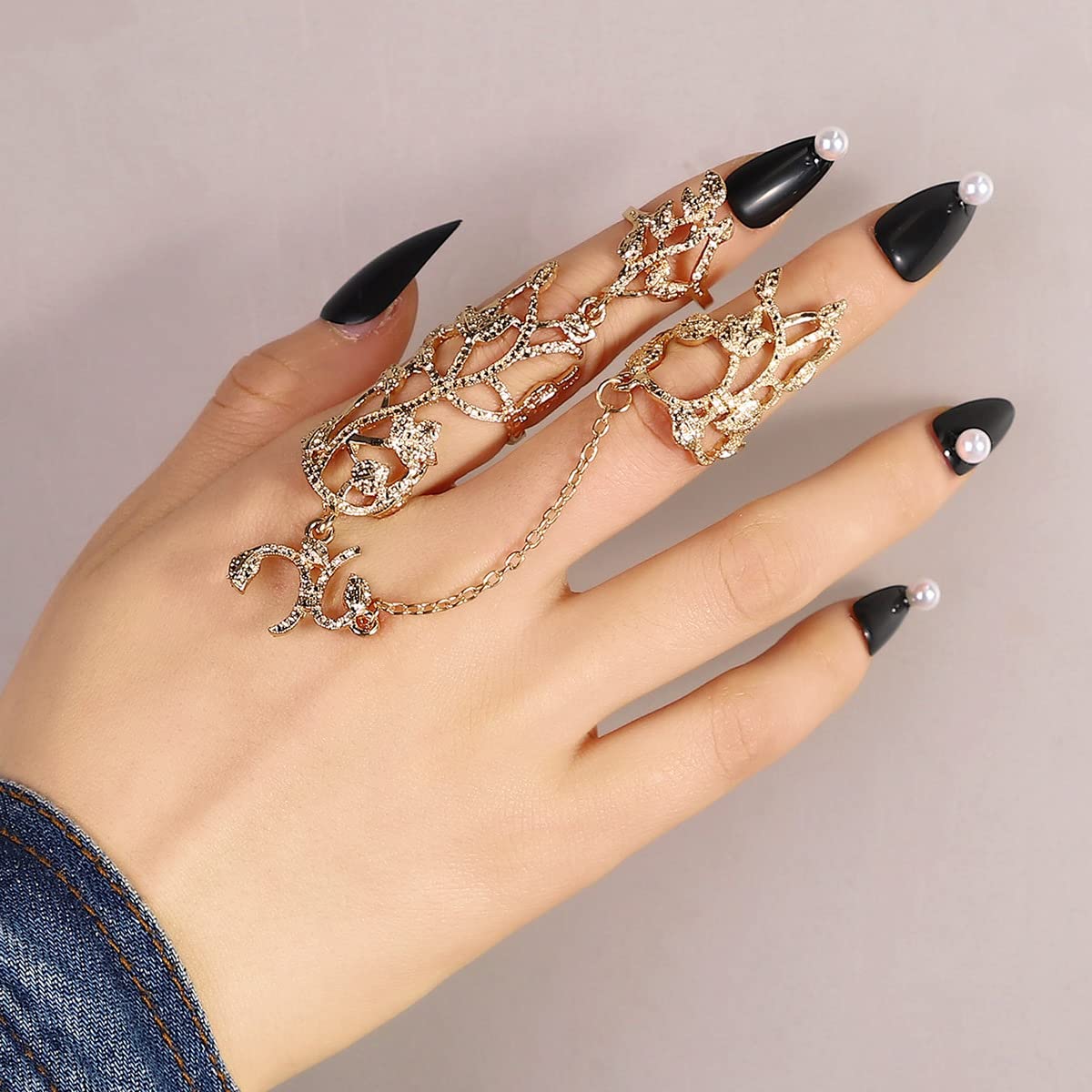 Gothic Knuckle Rings Set 2pcs Smiley Vinger Ring Met Ketting Kwast Half Open Midi Ring Voor Vrouwen Of Mannen Hao