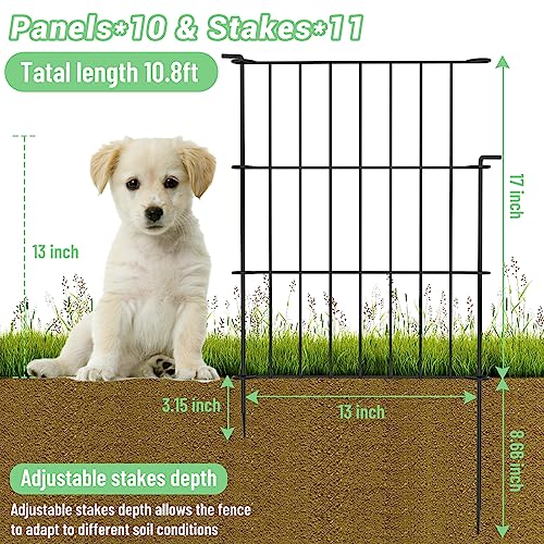 Decorative Garden Fence 10 Pack - 17 in (H) x 10.8 ft (L) No Dig Dog Animal Barrier Rabbit Fence Rustproof Metal Wire Panel Border, Animal Ground Stakes Fencing for Garden, Patio