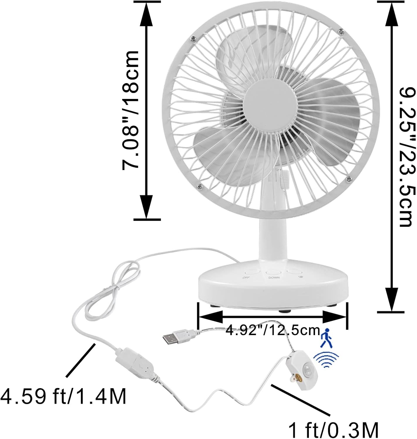 5V USB-Powered Fan Cooling Air Fan Rotatable Powerful Fan with Motion Sensor Automitically On/Off Two Speed Governing Fan for Office Computer Desk Dormitory Student Dormitory - White