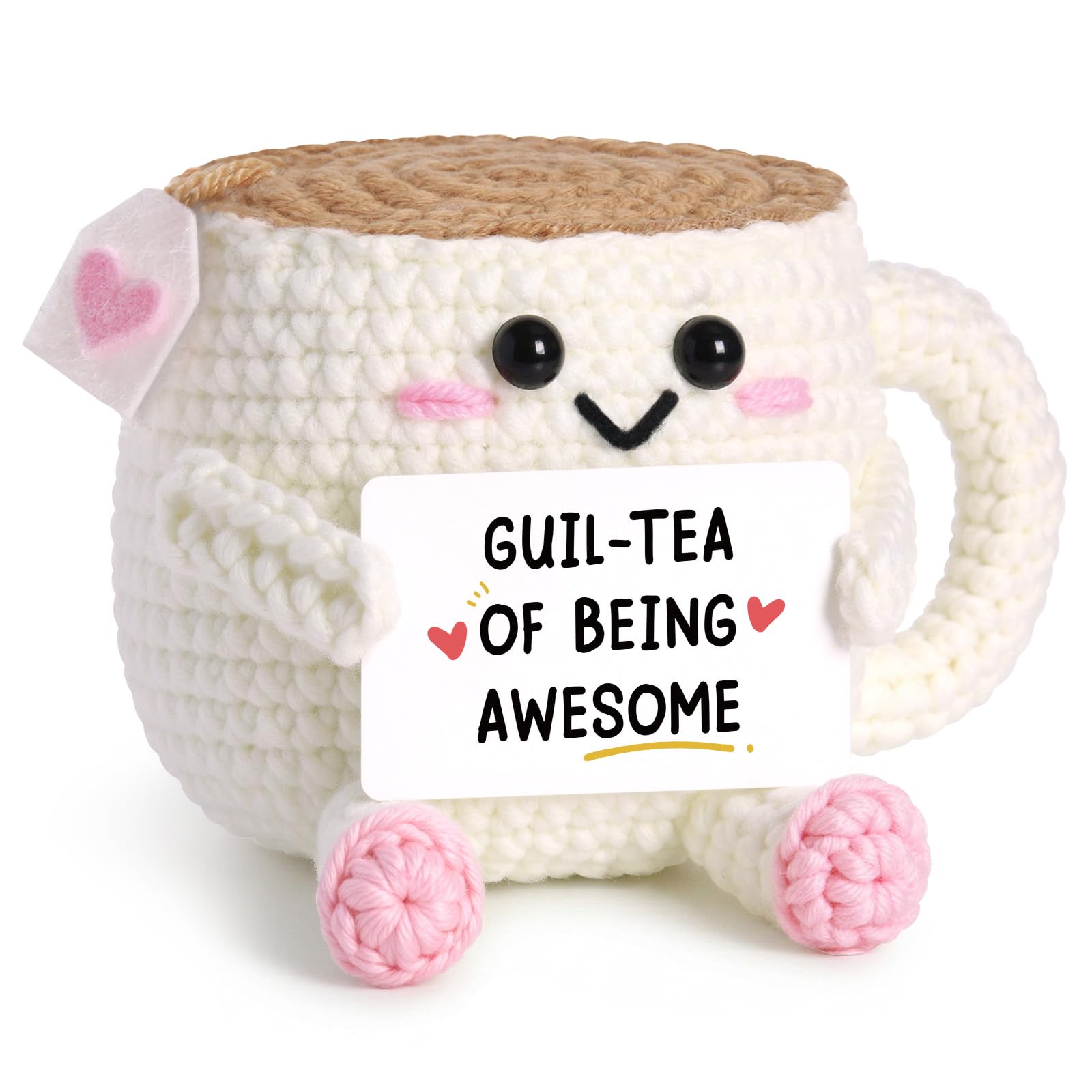 Positive Affirmation Gifts, Guil-Tea of Being Awesome Crochet Tea with Pun Card, Inspirational Coworker Leaving Birthday Gift for Friend Sister, Cute Office Desk Decor for Woman