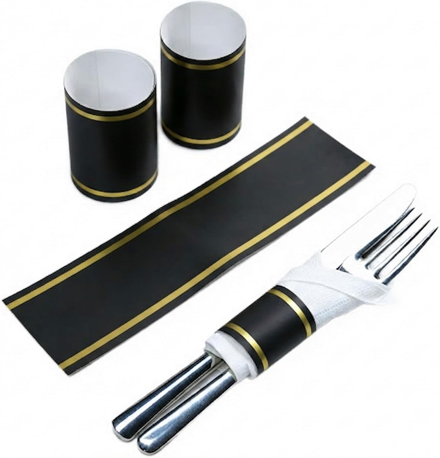 100pcs Napkin Bands Self Adhesive - Black Gold Silverware Wraps Bands