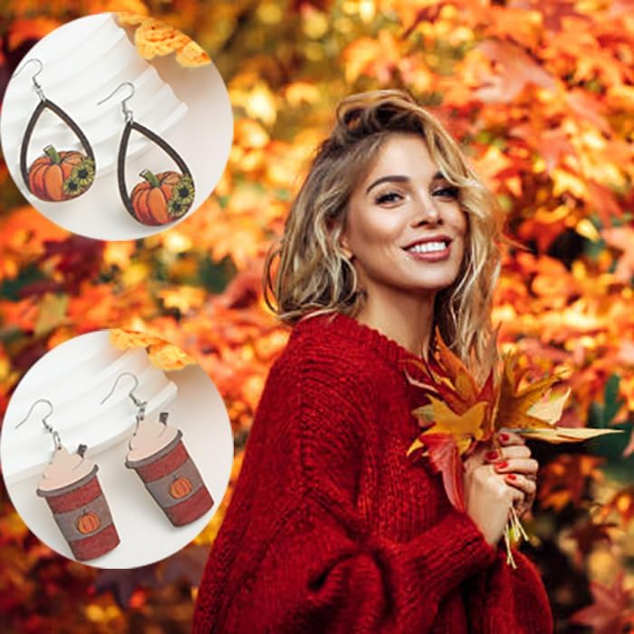 24PCS Thanksgiving Earrings Set Autumn Fall Earrings for Women, Wooden Maple Leaf Sunflower, Turkey, Pumpkin Earrings-Thanksgiving Jewelry Gifts Decor - Image 6