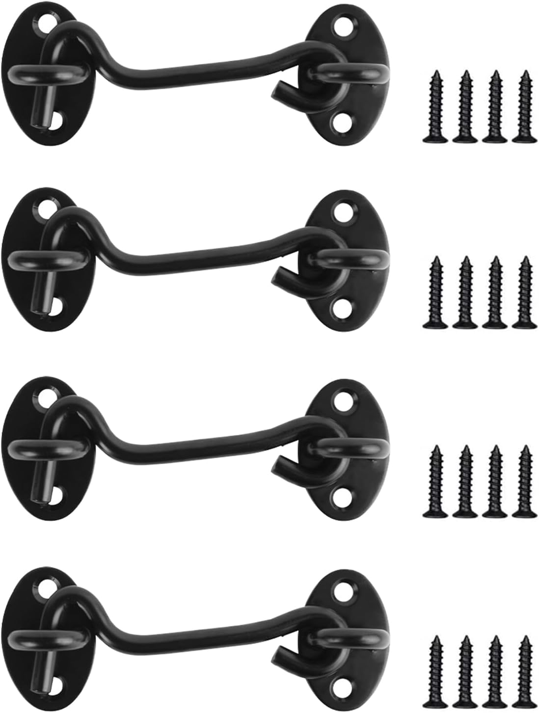 Xinlon Pack of 4 Window Hooks, Door Hooks, Black, Stainless Steel Storm Hooks, Door Locks for Swing Doors, Wood, Shutters Wood, Sliding Doors, Barn Doors, Garden Gate Latch with 16 Mounting Screws
