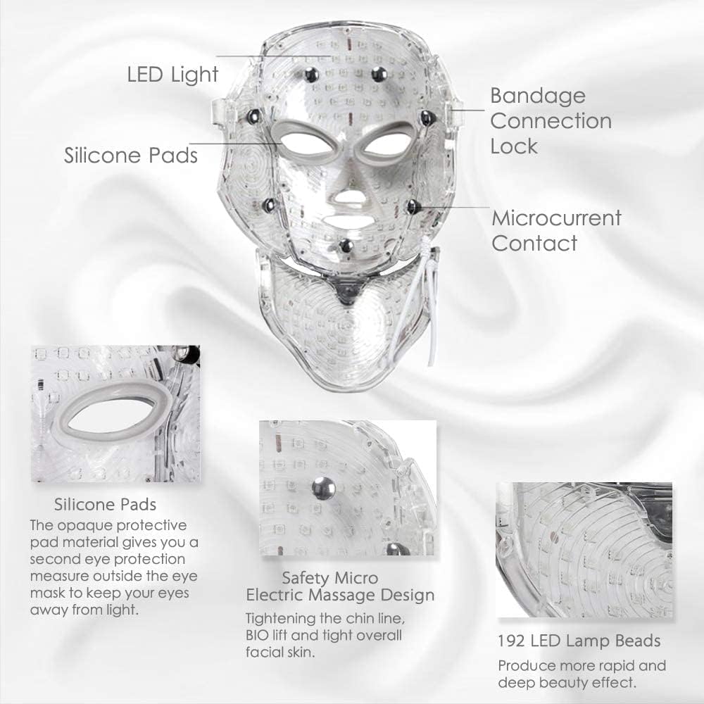 HIME SAMA Maschera per il viso a LED, 7 colori LED per la cura della pelle del viso e del collo, idonea per FSA/HSA, maschera per il viso a LED blu e rosso, maschera facciale portatile e maschera