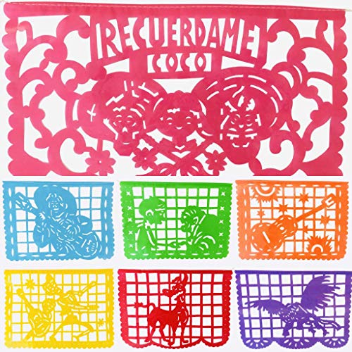 TexMex Fun Stuff Pixar Coco Movie Inspired Plastic Papel Picado Banner, 10 Large Colorful Fiesta Flags (16 Ft Long) for Altars de Ofrendas for Dia de los Muertos and Encanto Birthday Party Supplies | Mexican Party Streamers