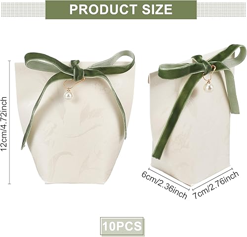 Miniatura 4 de PLIGREAT 10 cajas de regalo de cinta de perlas con cinta verde, caja de regalo de papel perlado de moda, bolsas de regalo de dulces para bodas,