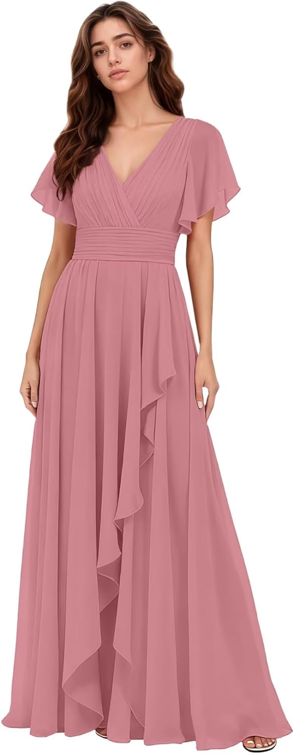 Womens Short Sleeves Bridesmaid Dresses Chiffon A-Line V-Neck Dress Formal Evening Wedding Guest Gowns for Women
