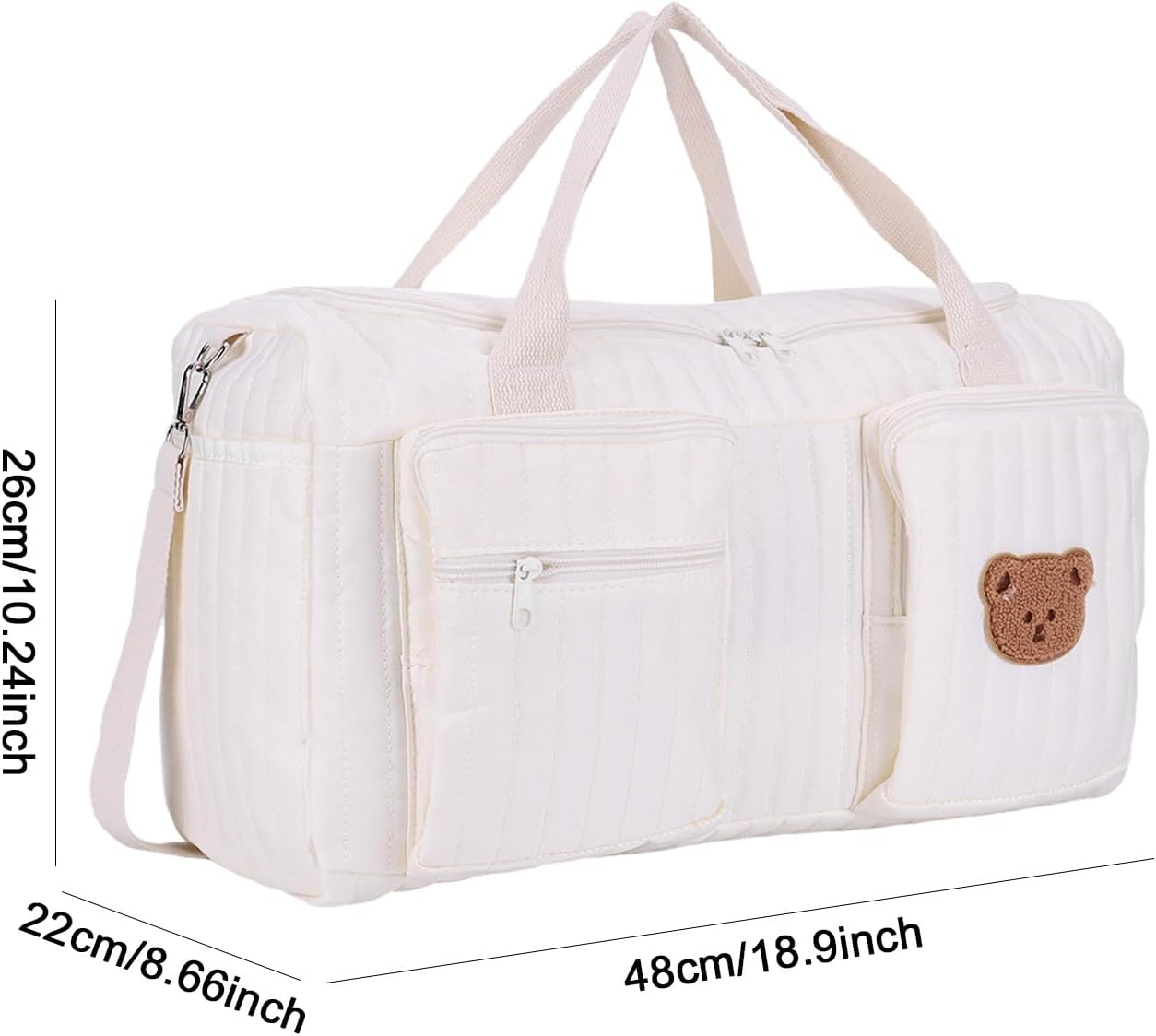 Quilted Teddy Bear Diaper Bag – Large Capacity Baby Duffle with Compartment, Soft Portable Nappy Bag for Hospital, Travel & Daily Use – Cute Mommy Maternity Tote, 18.9x8.7x10.2in