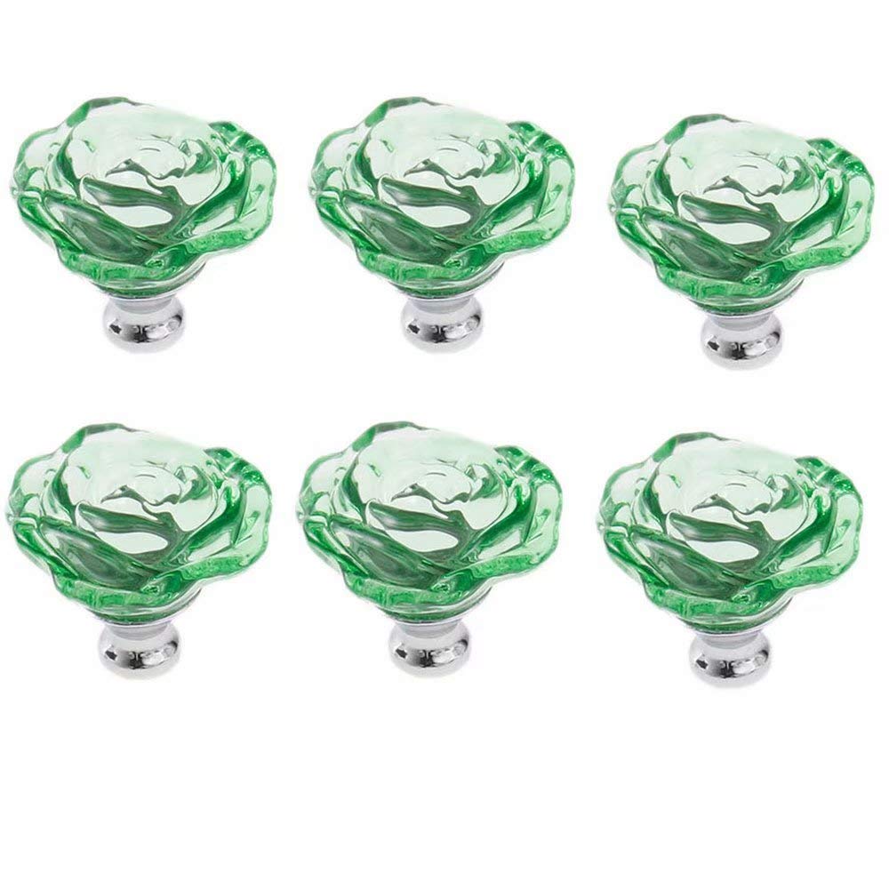 Frolahouse 6 Pcs Green Cabinet Knob Crystal Rose Shape Glass Hand Pull, Dresser Knobs,50mm