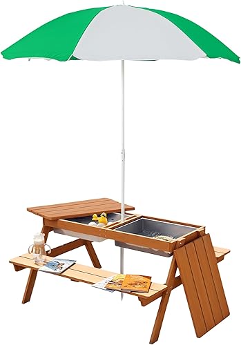 Outsunny Mesa de picnic para niños con paraguas y almacenamiento en el interior, mesa de arena y agua, muebles de exterior para niños, banco de