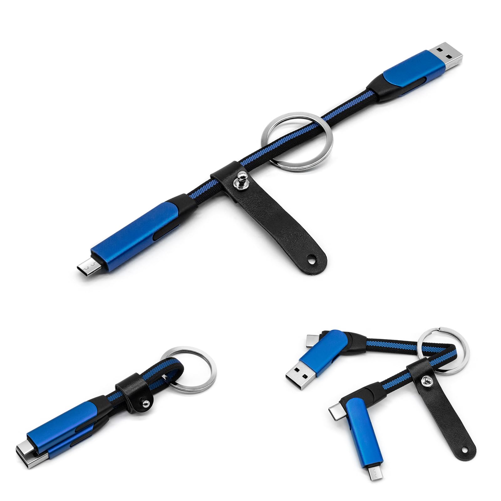 Câble de charge multiple USB C court, PD 60 W 3 A, charge rapide, porte-clés USB C pour voyage, câble de charge universel pour téléphones portables et plus (bleu)